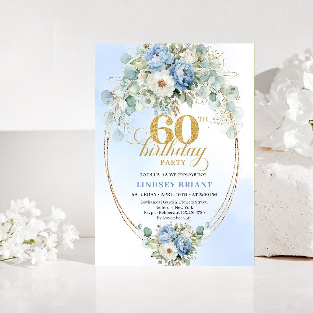 Dammblå Grönska 60-års Födelsedagsinbjudan Inbjudningar (Dusty Blue Greenery 60th Birthday Invitation)