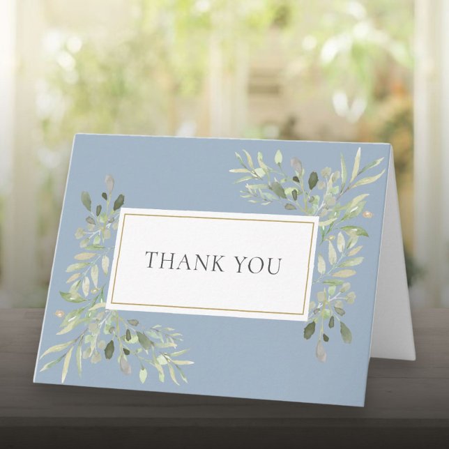 Dammblå Grönska Bröllop Tacksamhetskort Kort (Dusty Blue Greenery Wedding Thank You Card)