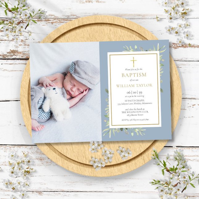 Dammblå grönska dop fotografering inbjudningar (Dusty Blue Greenery Baptism Christening Photo Invitation)