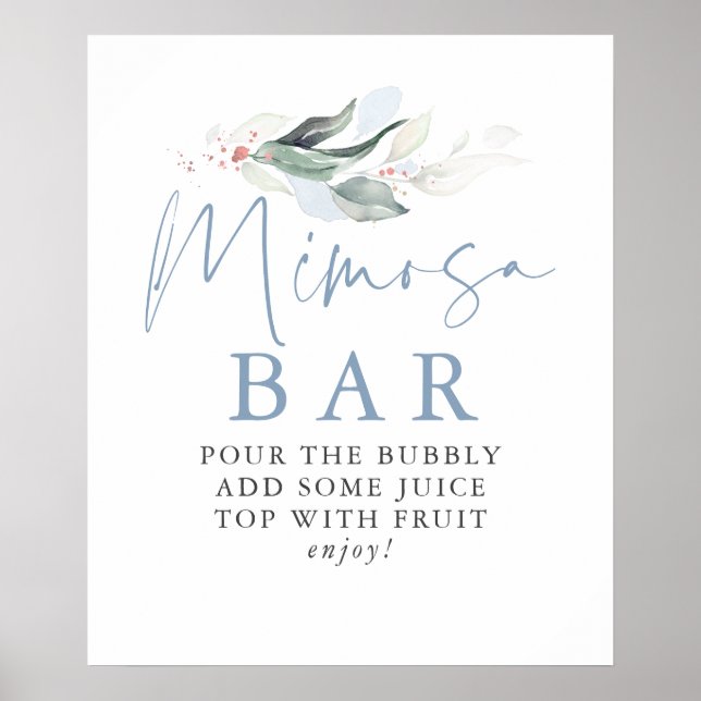 Dammblå grönska Rose Guld Blad Mimosa Barskylt Poster (Framsidan)