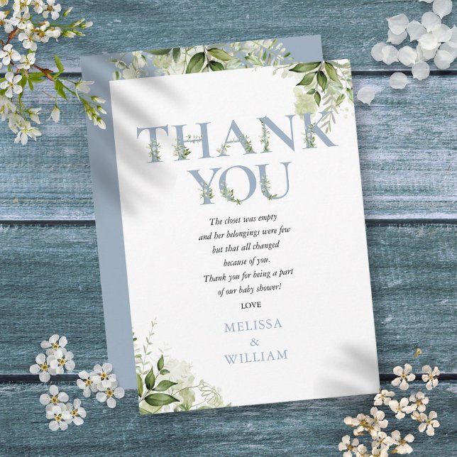 Dammblå grönskande bokstavsbarnvask dikt tack kort (Dusty Blue Greenery Letter Baby Shower Poem Thank You Card)