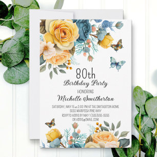 Dammblå gula blommor fjärilar 80-årsdag inbjudningar