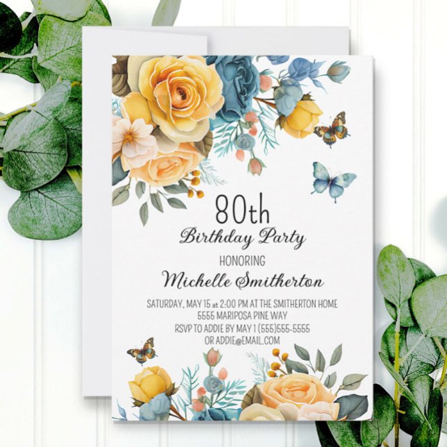Dammblå gula blommor fjärilar 80-årsdag inbjudningar (Skapare uppladdad)
