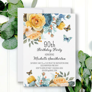 Dammblå gula blommor fjärilar 90-årsdag inbjudningar