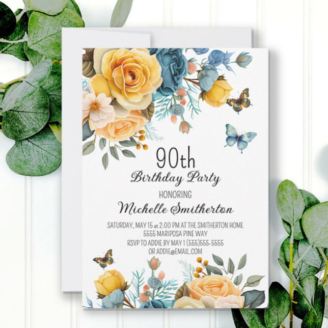 Dammblå gula blommor fjärilar 90-årsdag inbjudningar (Skapare uppladdad)