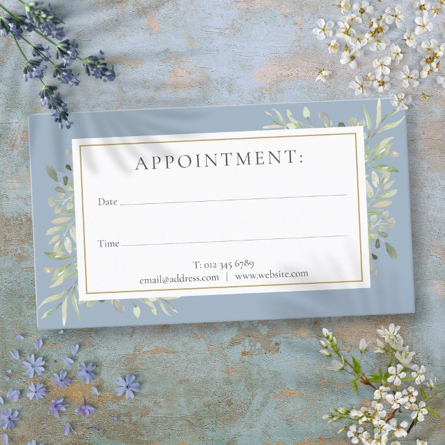 Dammblå Guldgrönska Utnämningskort Visitkort (Dusty Blue Gold Greenery Appointment Card)
