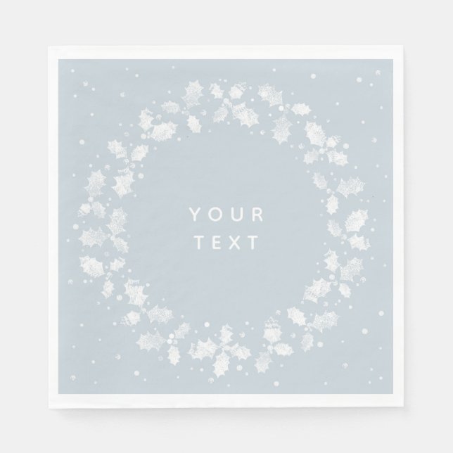 Dammblå handtryckt julkrans av järnek till julen pappersservett (Framsidan)