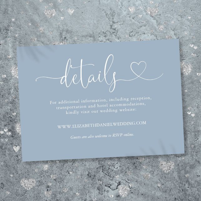 Dammblå Hjärtformad Bröllopsdetaljer Skript Tilläggskort (Dusty Blue Heart Script Wedding Details Enclosure Card)