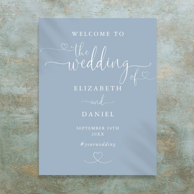 Dammblå hjärtskrift vigsel välkomstskylt poster (Dusty Blue Heart Script Wedding Welcome Sign)
