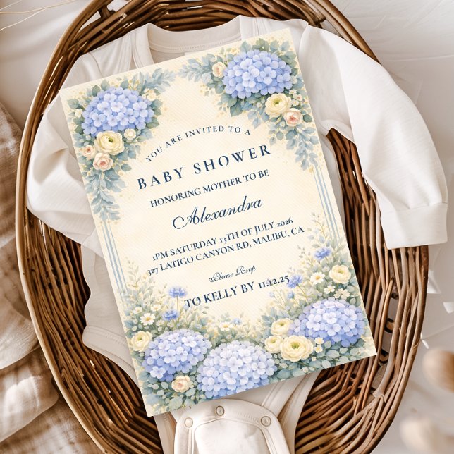Dammblå Hortensia Barock Blommig Bebis Shower Inbjudningar (Skapare uppladdad)