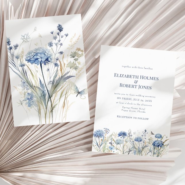 Dammblå Hortensia Vildblommeäng Bröllop Inbjudningar (French Blue Watercolor Garden Wildflowers Wedding Invitation on a dry palm leaf.)