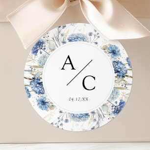 Dammblå Hydrangea Bröllopsmonogram Blommor Runt Klistermärke
