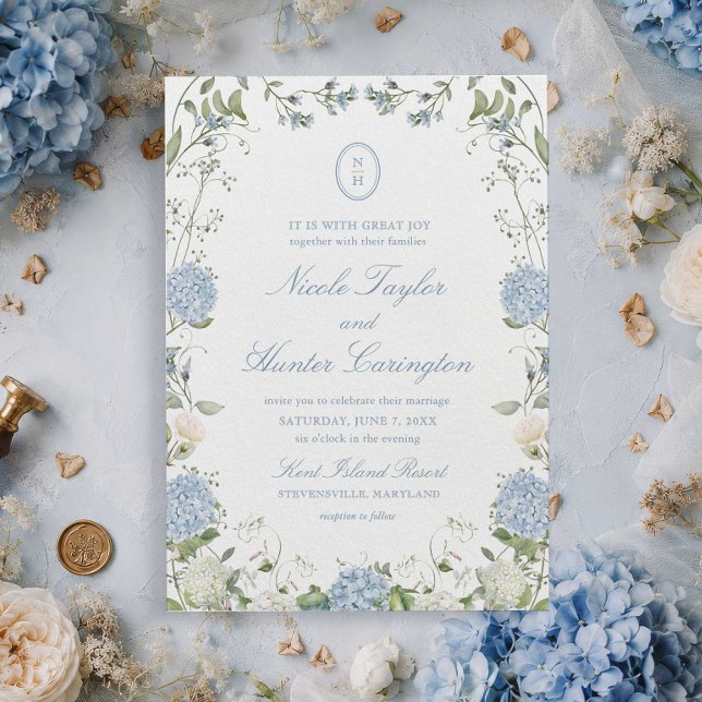Dammblå Hydrangea Monogram Bröllopskrönika Inbjudningar (Skapare uppladdad)