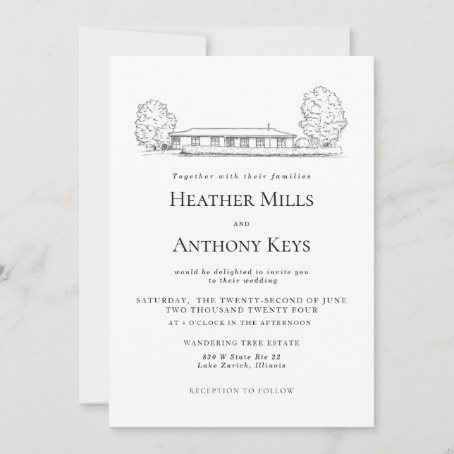 Dammblå inbjudan med skiss av lokalen (Framsida)