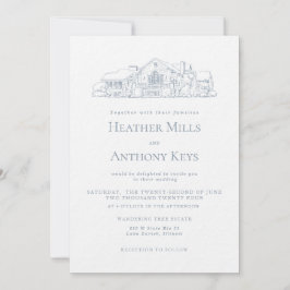 Dammblå inbjudan med skiss av lokalen