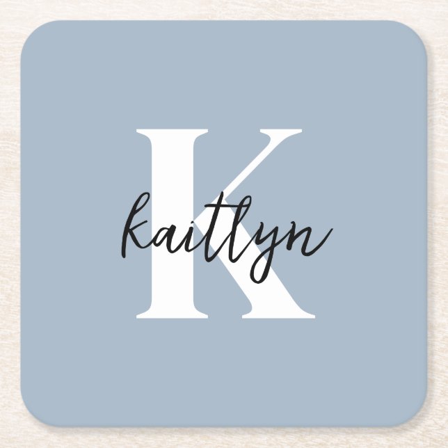Dammblå Initialt Namn Monogram Underlägg Papper Kvadrat (Framsidan)
