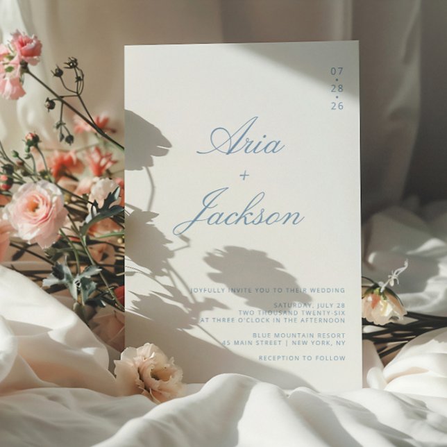 Dammblå kalligrafi Modern QR-kod Bröllop Inbjudningar (Skapare uppladdad)