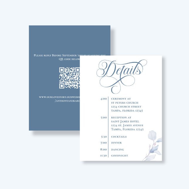 Dammblå kalligrafi QR-kod Bröllopsdetaljer OSA Kort (Elegant dusty blue wedding details card with QR code and calligraphy timeline design)