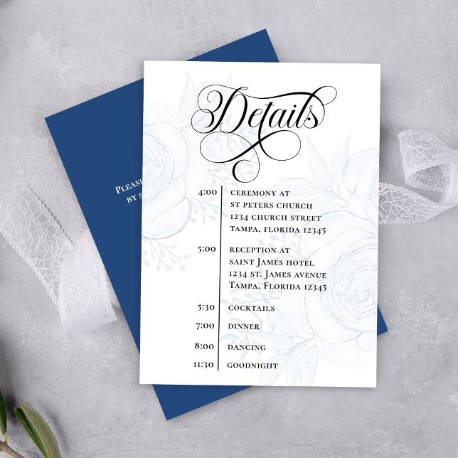 Dammblå Kalligrafi QR-kod Bröllopsdetaljer Tilläggskort (Elegant dusty blue floral wedding details card with modern calligraphy and timeline layout)