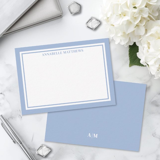 Dammblå Kant Minimalistisk Namnmonogram Anteckningskort (Dusty Blue Border Minimalist Name Monogram Note Card )