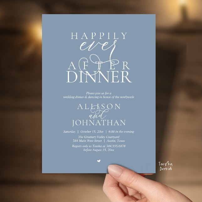 Dammblå lyckliga stunder efter middagsbröllop inbjudningar (Dusty Blue Happily Ever After Dinner Modern Script Wedding Invitation Card)
