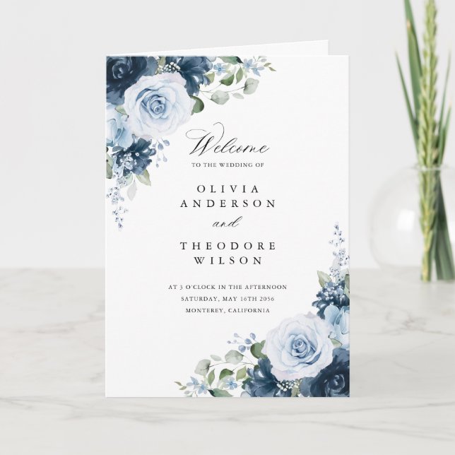 Dammblå Marin Blommig Vikbar Bröllopsceremoni Program (Framsida)