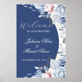 Dammblå marin blomsterbröllop välkomstskylt affisc poster
