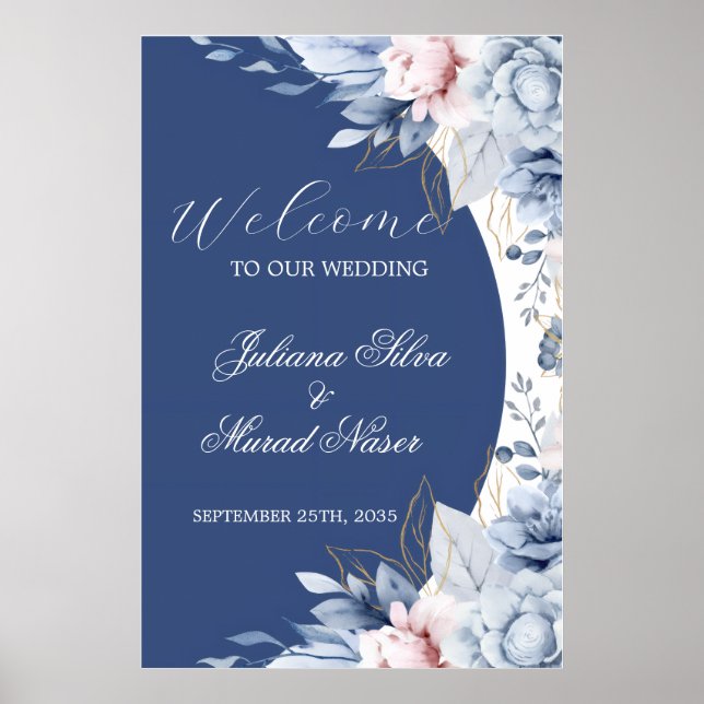Dammblå marin blomsterbröllop välkomstskylt affisc poster (Framsidan)