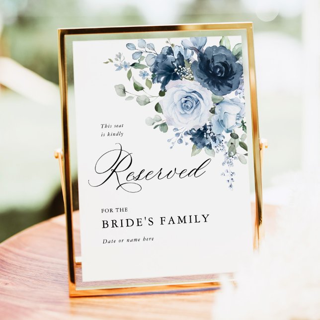 Dammblå & Marinblå 'Reserved' Skylt 5x7 Bröllopsde (Dusty blue floral reserved sign 5x7 wedding decor gold frame ceremony seating sign outdoor display)