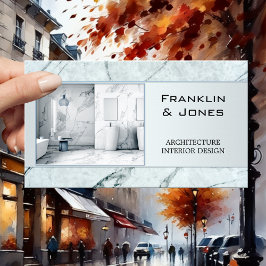 Dammblå marmorerad arkitekt inredningsdesign foto visitkort