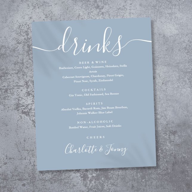 Dammblå meny för signaturdrycker i stilspråk poster (Dusty Blue Signature Script Drinks Menu Sign)