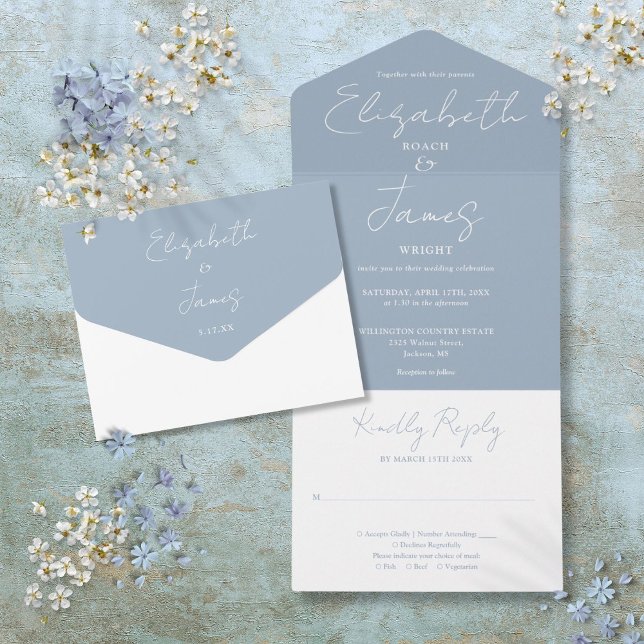 Dammblå minimalistisk elegant skrivstil bröllop (Dusty Blue Minimalist Elegant Script Wedding All In One Invitation)