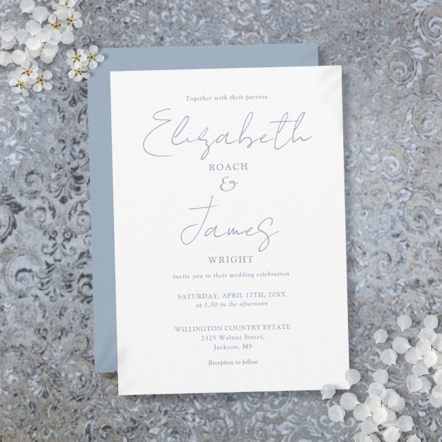 Dammblå minimalistisk elegant skrivstil bröllop inbjudningar (Dusty Blue Minimalist Elegant Script Wedding Invitation)