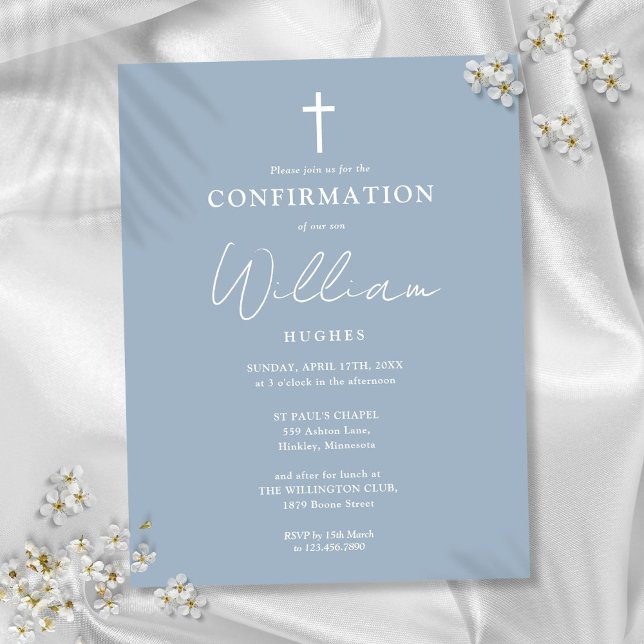 Dammblå minimalistisk konfirmationsinbjudan vykort (Dusty Blue Minimalist Confirmation Invitation Postcard)