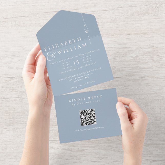 Dammblå minimalistisk monogram QR-kod bröllop (Avrivbar del)