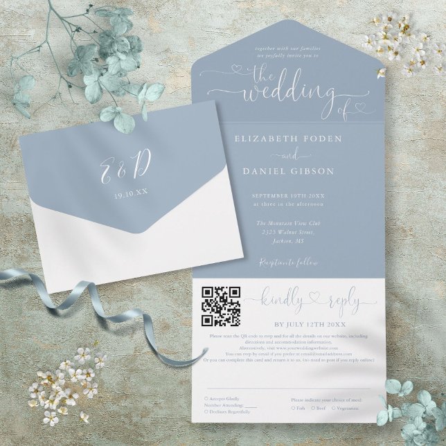 Dammblå minimalistisk skript QR-kod bröllop (Dusty Blue Minimalist Script QR Code Wedding All In One Invitation)