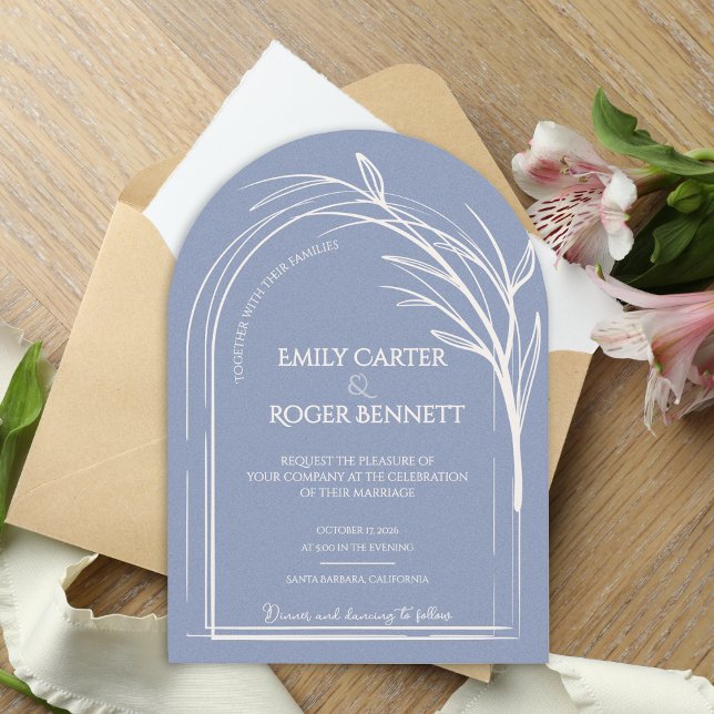 Dammblå Minimalistisk Valvbåge Botanisk Bröllop Inbjudningar (Dusty Blue Minimalist Arch Botanical Wedding Invitation | Modern Elegant Line Art Wedding Invite)