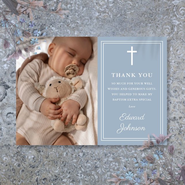Dammblå Modern Foto Dop Döpsel Tack Kort (Dusty Blue Modern Photo Baptism Christening Thank You Card)