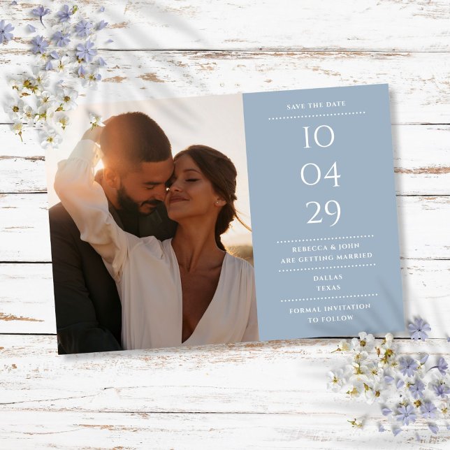 Dammblå Modern Minimalistisk Bröllopsfoto Spara Datumet (Dusty Blue Modern Minimalist Wedding Photo Save The Date)