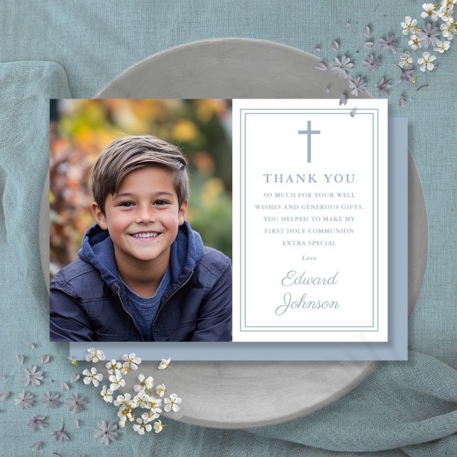 Dammblå Modernt Foto Första Nattvarden Tack Kort (Dusty Blue Modern Photo First Holy Communion Thank You Card)