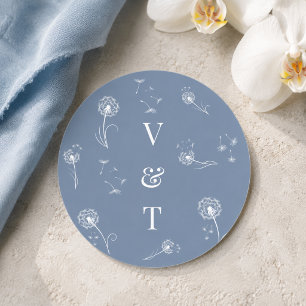 Dammblå Monogram Blommig Bröllop Runt Klistermärke