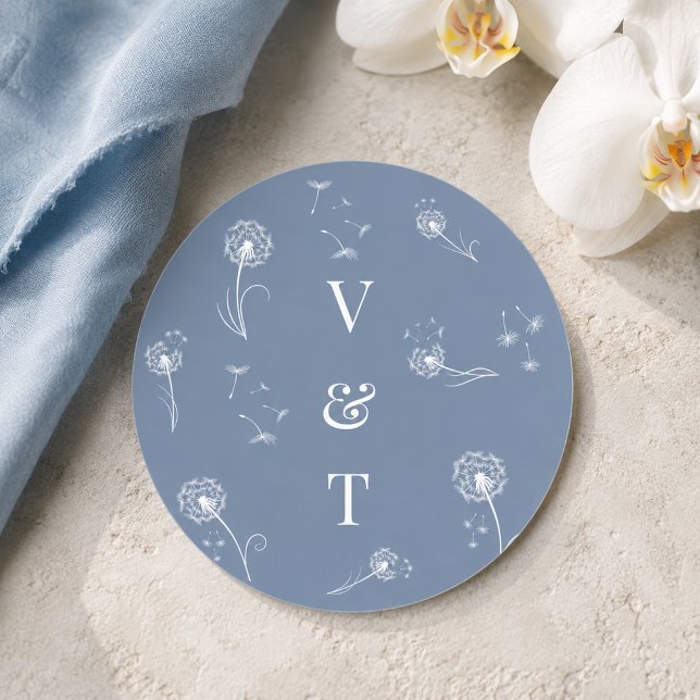 Dammblå Monogram Blommig Bröllop Runt Klistermärke (Skapare uppladdad)