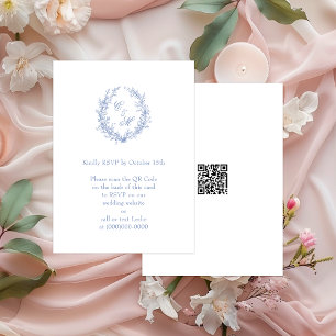 Dammblå Monogram Botanisk Krans QR-kod RSVP Tilläggskort