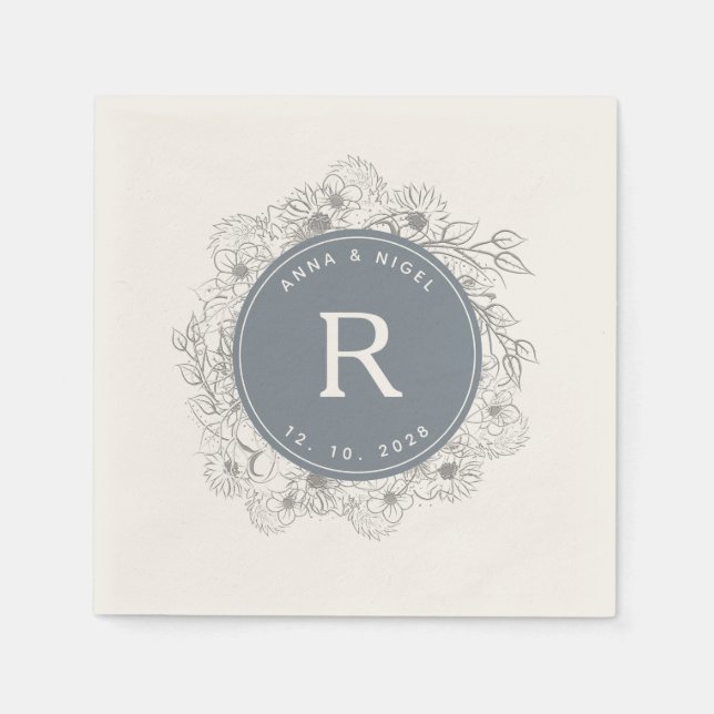 Dammblå monogram bröllop pappersservett (Framsidan)