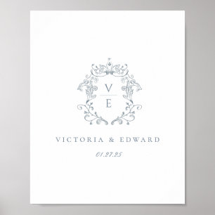 Dammblå Monogram Krest Bröllop Poster