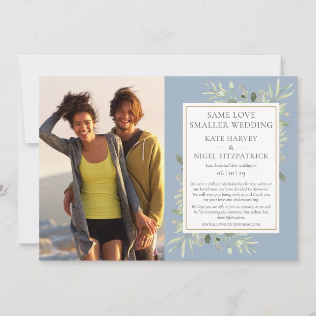 Dammblå nedskalad mikrobröllopsannonsering inbjudningar (Framsida)