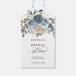 Dammblå och champagnegula blommor på bröllopsdusch presentetikett