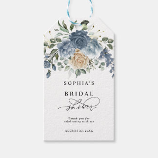 Dammblå och champagnegula blommor på bröllopsdusch presentetikett