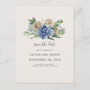 Dammblå och elfenbensvit rustik blomsterinbjudan meddelande vykort