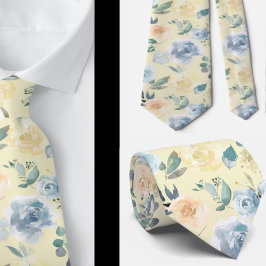 Dammblå och krämfärgade blomrosor akvarell hals slips